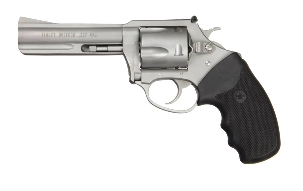 CHARTER ARMS 73542 MAG PUG TARGET LARGE 357 MAG, 5 SHOT 4.20" MATTE STAINLESS STEEL BARREL, CYLINDER & FRAME W/BLACK FINGER GROOVED RUBBER GRIP