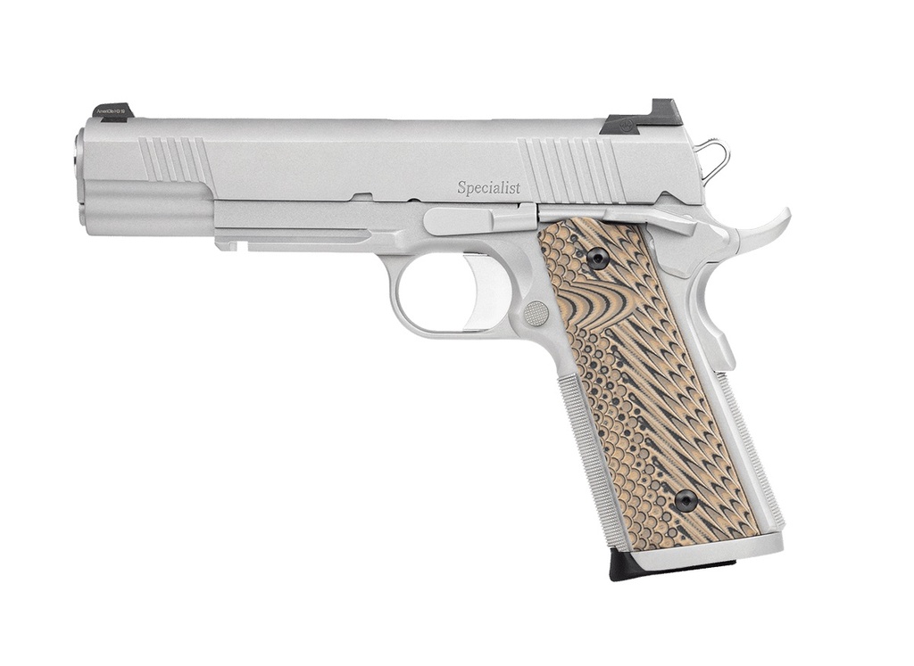 DAN WESSON 01802 SPECIALIST  45 ACP 8+1 5" STAINLESS STEEL BARREL, BEAD BLASTED SERRATED STAINLESS STEEL SLIDE, FRAME W/BEAVERTAIL & PICATINNY RAIL, BLACK/BROWN G10 GRIP, AMBIDEXTROUS