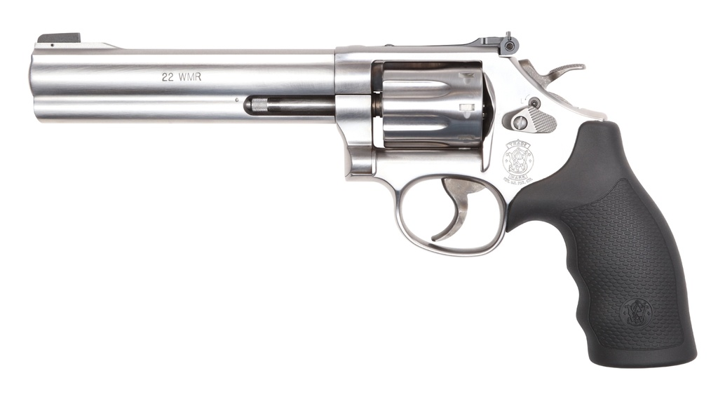 SMITH & WESSON 12460 MODEL 648  K-FRAME FRAME 22 WMR 8 SHOT 6" STAINLESS STEEL BARREL, CYLINDER & FRAME, BLACK FINGER GROOVED GRIP, INTERNAL LOCK SAFETY, EXPOSED HAMMER