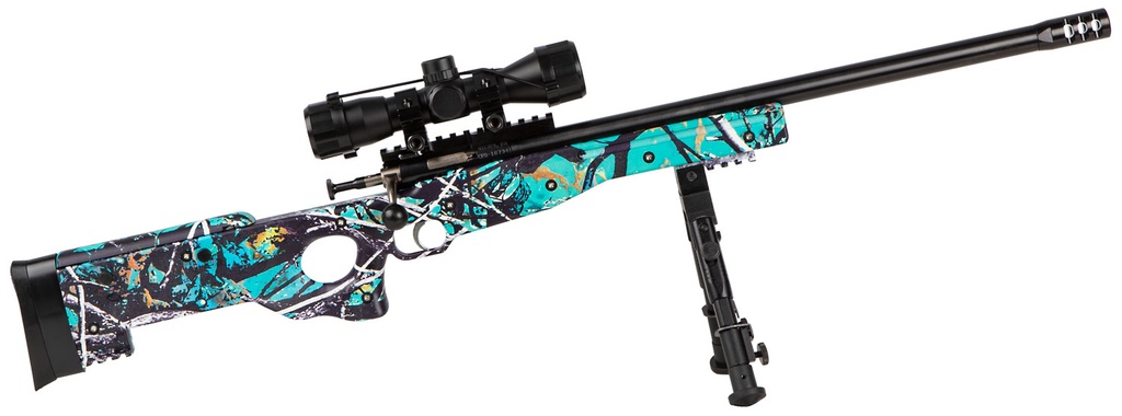 CRICKETT KSA2149 PRECISION PACKAGE 22 LR CALIBER WITH 1RD CAPACITY, 16.12" BARREL, BLUED METAL FINISH & FIXED THUMBHOLE MUDDY GIRL SERENITY SYNTHETIC STOCK RIGHT HAND (YOUTH) INCLUDES SCOPE & BIPOD