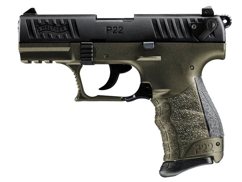 WALTHER ARMS 5120715 P22 Q MILITARY 22 LR 10+1 3.42" STEEL/THREADED BARREL, MATTE BLACK TENIFER SERRATED/STEEL SLIDE, OD GREEN POLYMER FRAME W/PICATINNY RAIL, BLACK INTERCHANGEABLE BACKSTRAP GRIPS
