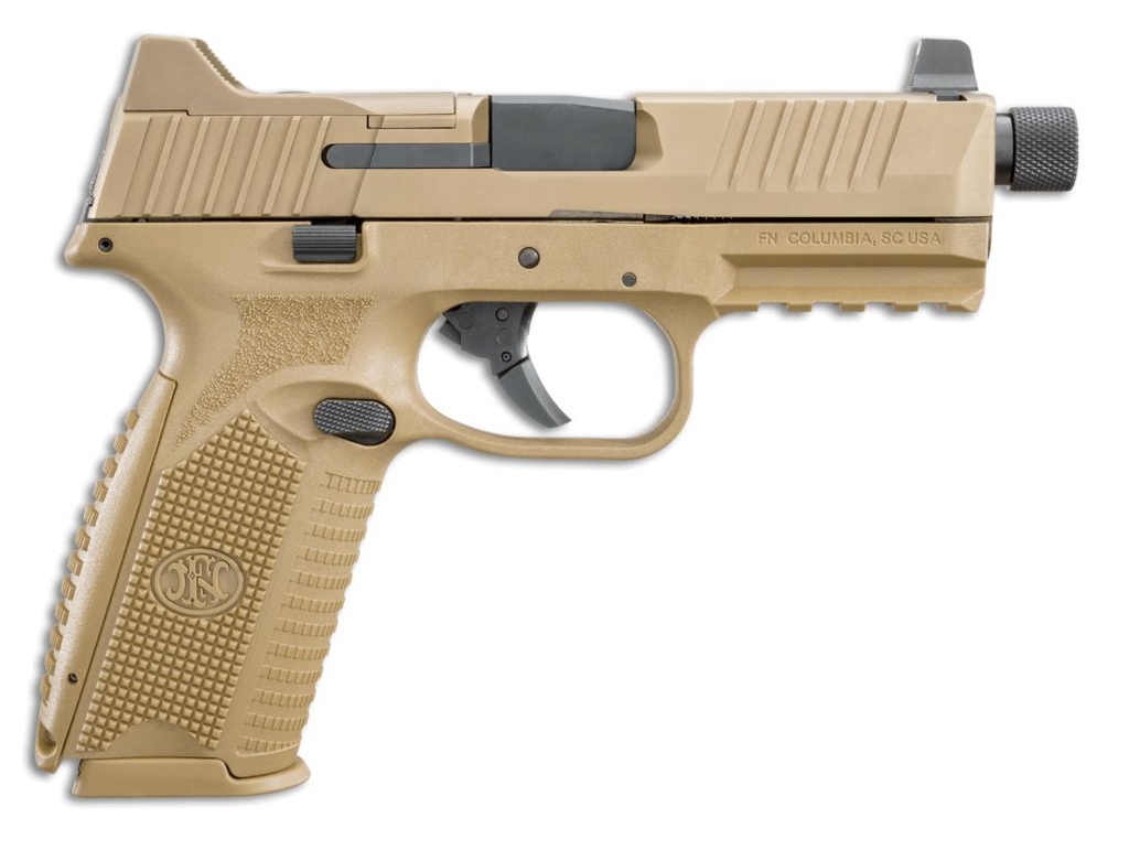 FN 66100383 509T  9MM LUGER 10+1 4.50" BLACK STEEL THREADED BARREL, FLAT DARK EARTH OPTIC CUT/SERRATED STAINLESS STEEL SLIDE, FLAT DARK EARTH POLYMER FRAME W/PICATINNY RAIL