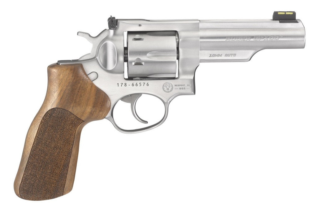 RUGER 1775 GP100 MATCH CHAMPION 10MM AUTO 6RD 4.20" SATIN STAINLESS HALF-LUG BARREL, CYLINDER & FRAME, HOGUE STIPPLED HARDWOOD GRIP, TRANSFER BAR SAFETY