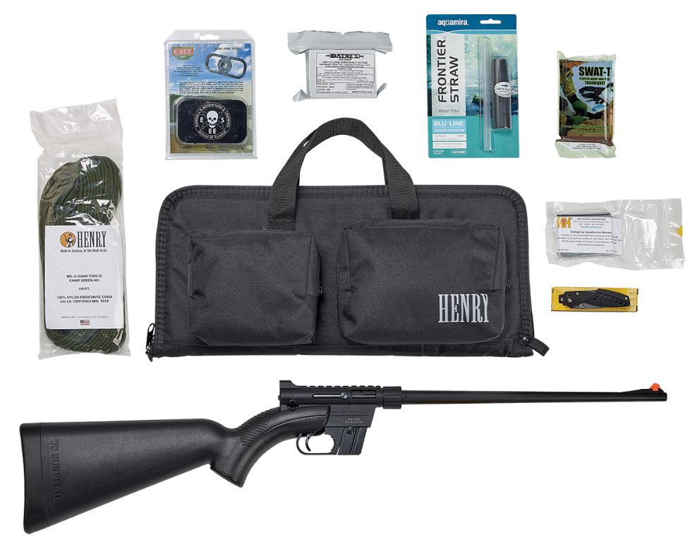 HENRY H002BSGB U.S. SURVIVAL PACK AR-7 22 LR CALIBER WITH 8+1 CAPACITY, 16.13" BARREL, BLACK METAL FINISH & BLACK SYNTHETIC STOCK RIGHT HAND (FULL SIZE) INCLUDES GEAR