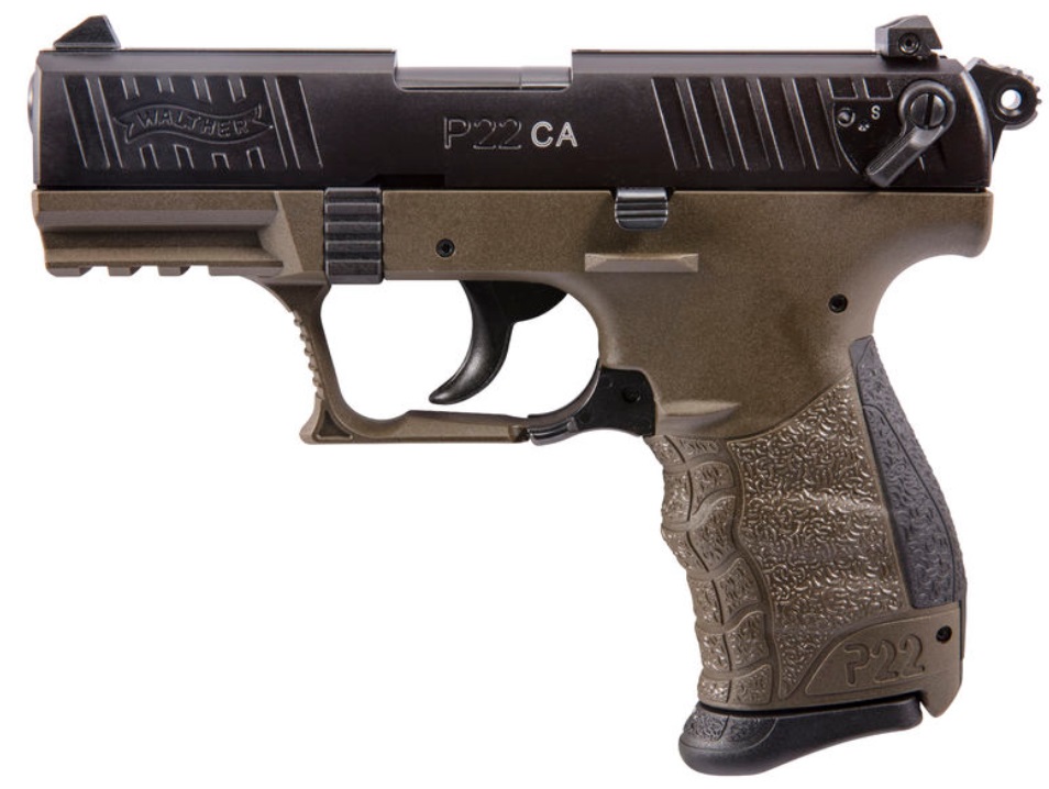 WALTHER ARMS 5120338 P22 MILITARY *CA COMPLIANT 22 LR 10+1 3.42" MATTE BLACK TENIFER SERRATED/STEEL SLIDE, OD GREEN POLYMER FRAME W/PICATINNY RAIL, OD GREEN INTERCHANGEABLE BACKSTRAP GRIPS