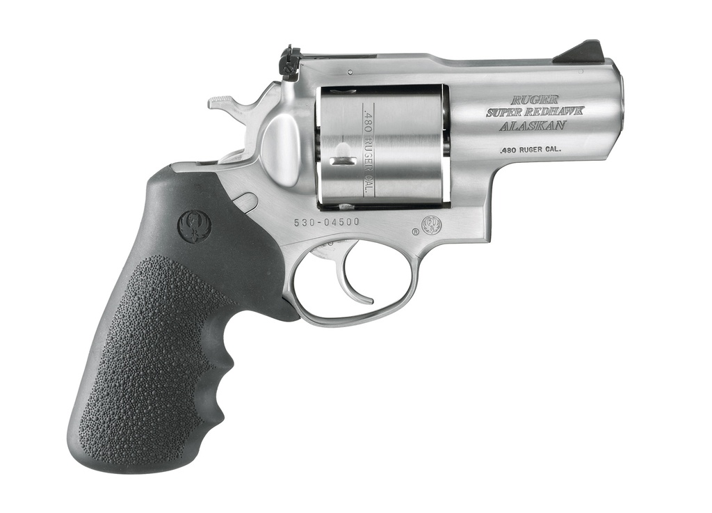 RUGER 5302 SUPER REDHAWK ALASKAN SMALL FRAME 480 RUGER 6RD 2.50" SATIN STAINLESS STEEL BARREL, CYLINDER & FRAME, BLACK HOGUE FINGER GROOVE MONOGRIP, TRANSFER BAR SAFETY EXPOSED HAMMER