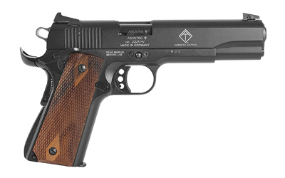 GSG GSG2210M1911CA 1911 *CA COMPLIANT 22 LR 10+1 5" ALL BLACK ANODIZED STEEL BARREL, SERRATED SLIDE, ZINC ALLOY W/BEAVERTAIL FRAME, DOUBLE DIAMOND WALNUT GRIP