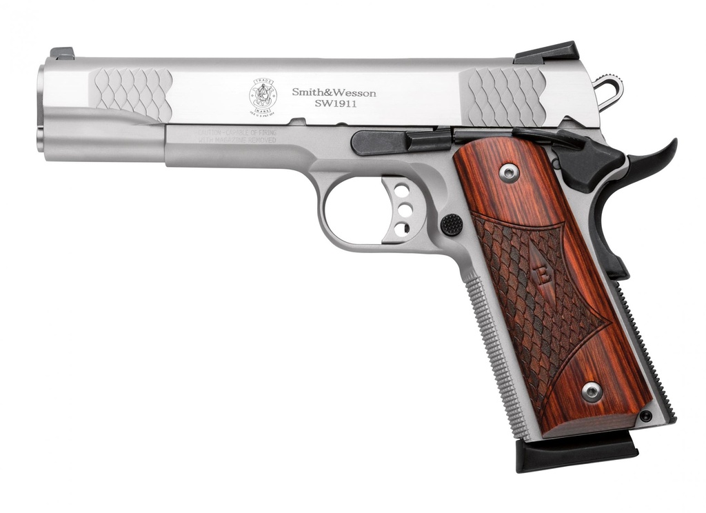 SMITH & WESSON 108482 1911 E-SERIES SERRATED FRAME 45 ACP 8+1 5" STAINLESS STEEL BARREL, SATIN STAINLESS SERRATED SLIDE & FRAME W/BEAVERTAIL, LAMINATE WOOD GRIP