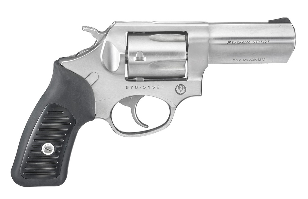 RUGER 5719 SP101  357 MAG 5RD 3.10" SATIN STAINLESS STEEL BARREL, CYLINDER & FRAME, BLACK RUBBER GRIP, TRANSFER BAR SAFETY, EXPOSED HAMMER