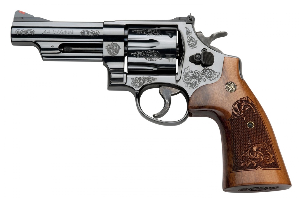 SMITH & WESSON 150783 MODEL 29  44 REM MAG OR 44 S&W SPL MACHINE ENGRAVED BLUED CARBON STEEL 4" BARREL, 6RD CYLINDER & N-FRAME, WOOD ENGRAVED GRIP
