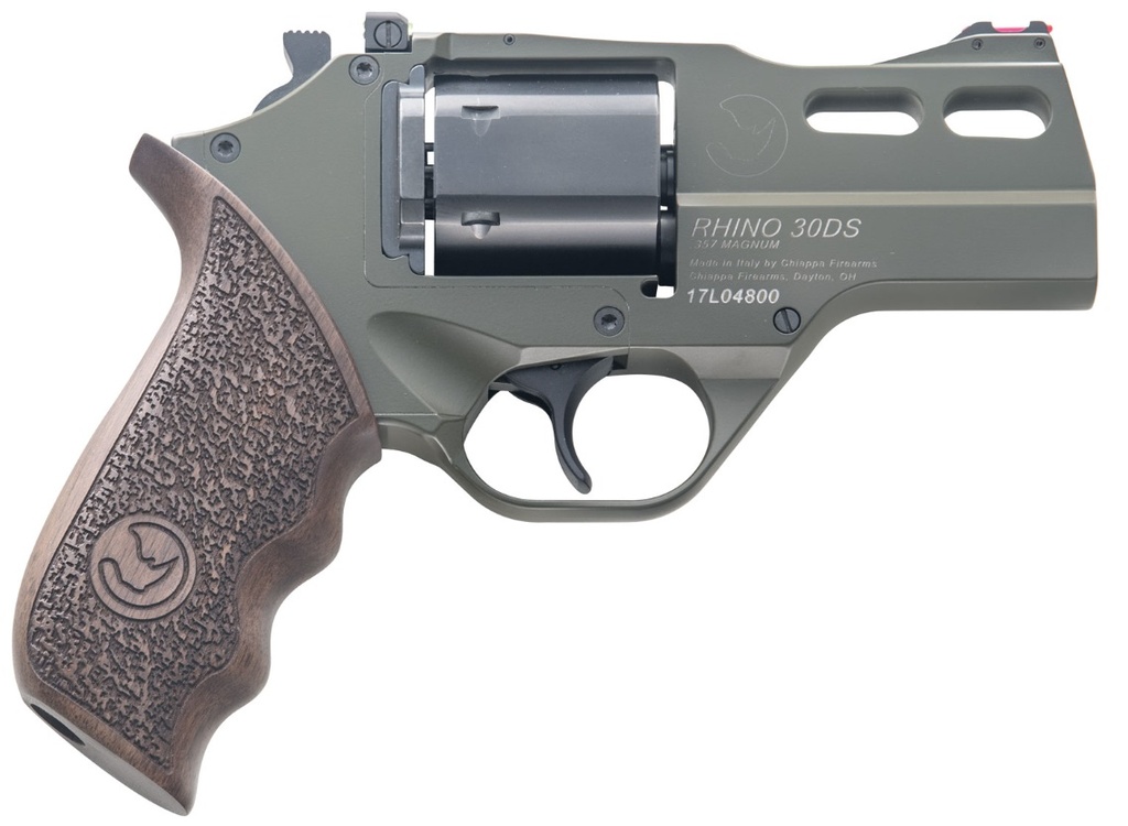 CHIAPPA FIREARMS CF340285 RHINO 30SAR *CA COMPLIANT SMALL FRAME 357 MAG 6 SHOT, 3" GREEN CERAKOTE STEEL BARREL, BLUED STEEL CYLINDER, GREEN CERAKOTE ALUMINUM FRAME, WALNUT GRIP, EXPOSED HAMMER