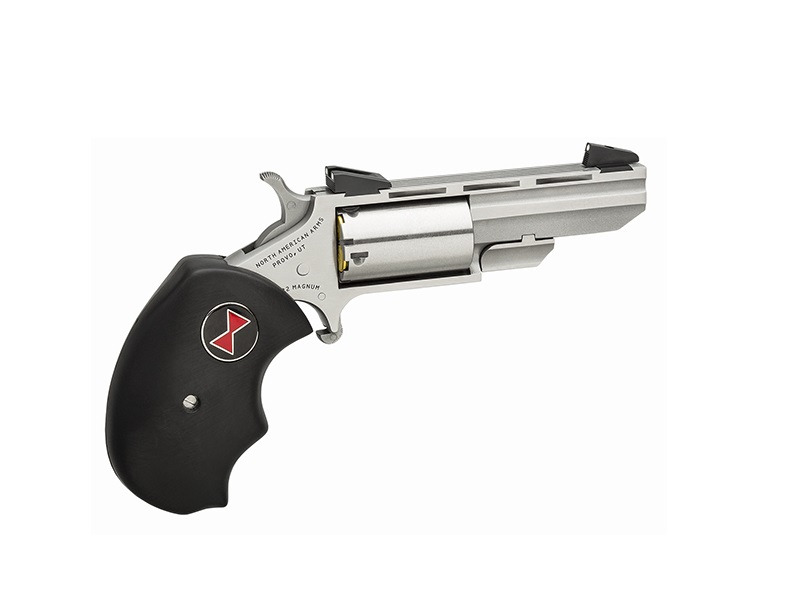 NORTH AMERICAN ARMS BWM BLACK WIDOW  22 WMR 5 SHOT 2" STAINLESS STEEL VENT RIB BARREL, STAINLESS STEEL FRAME, STAINLESS CYLINDER, BLACK FINGER GROOVED RUBBER GRIP, EXPOSED HAMMER