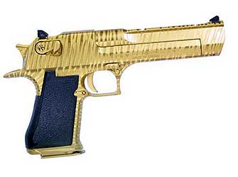 MAGNUM RESEARCH DE50TG DESERT EAGLE MARK XIX 50 AE CALIBER WITH 6" PICATINNY RAIL BARREL, 7+1 CAPACITY, OVERALL TITANIUM GOLD FINISH CARBON STEEL, BEAVERTAIL FRAME, SERRATED SLIDE & BLACK RUBBER GRIP