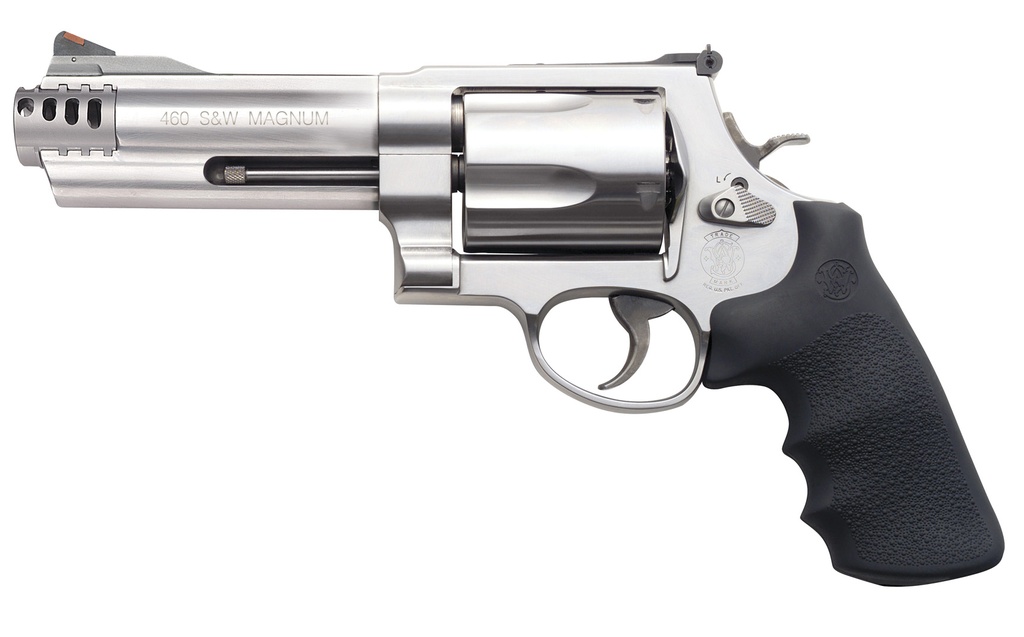 SMITH & WESSON 163465 MODEL 460 XVR 460 S&W MAG 5" STAINLESS STEEL BARREL & 5RD CYLINDER, SATIN  STAINLESS STEEL X-FRAME, INCLUDES TWO REAR SIGHTS & TWO MUZZLE BRAKES