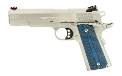 COLT MFG O1073CCS COMPETITION GOVERNMENT 38 SUPER 9+1 5" STAINLESS NATIONAL MATCH BARREL, SERRATED SLIDE & FRAME W/BEAVERTAIL, CHECKERED BLUE G10 GRIP, AMBIDEXTROUS