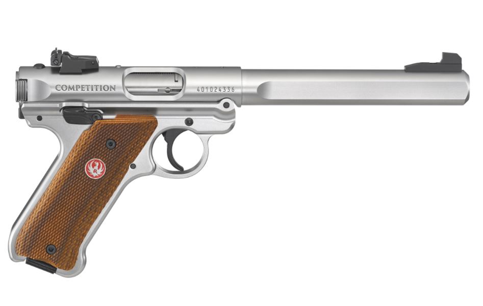 RUGER 40112 MARK IV COMPETITION 22 LR 10+1 6.88" SATIN STAINLESS SLAB-SIDED BULL BARREL, SATIN STAINLESS STEEL/OPTIC READY SLIDE, CHECKERED LAMINATE W/THUMBREST GRIP