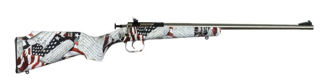 CRICKETT KSA3168 YOUTH  22 LR 1RD 16.12" STAINLESS STEEL BARREL, FIXED FRONT/ADJUSTABLE REAR PEEP SIGHTS, AMERICAN FLAG/AMENDMENT SYNTHETIC STOCK W/11.5" LOP, REBOUNDING FIRING PIN SAFETY