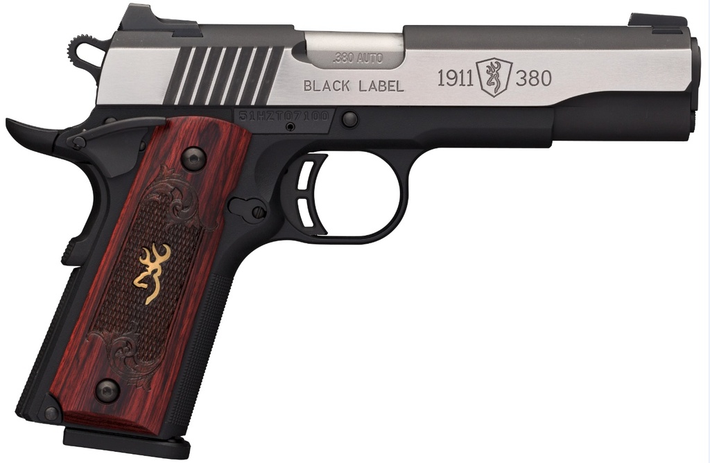 BROWNING 051912492 1911-380 BLACK LABEL MEDALLION PRO 380 ACP 8+1 4.25" TARGET CROWN BARREL, BLACKENED W/SILVER POLISHED FLATS SERRATED SS SLIDE, MATTE BLACK POLYMER FRAME  W/BEAVERTAIL