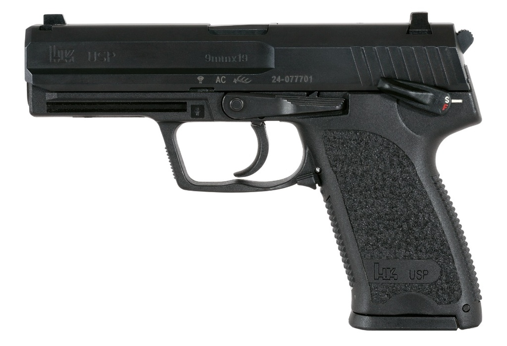 HK 81000307 USP V1 SA/DA 9MM LUGER CALIBER WITH 4.25" BARREL, 15+1 CAPACITY, OVERALL BLACK FINISH, SERRATED TRIGGER GUARD FRAME, SERRATED STEEL SLIDE & POLYMER GRIP INCLUDES 2 MAGS