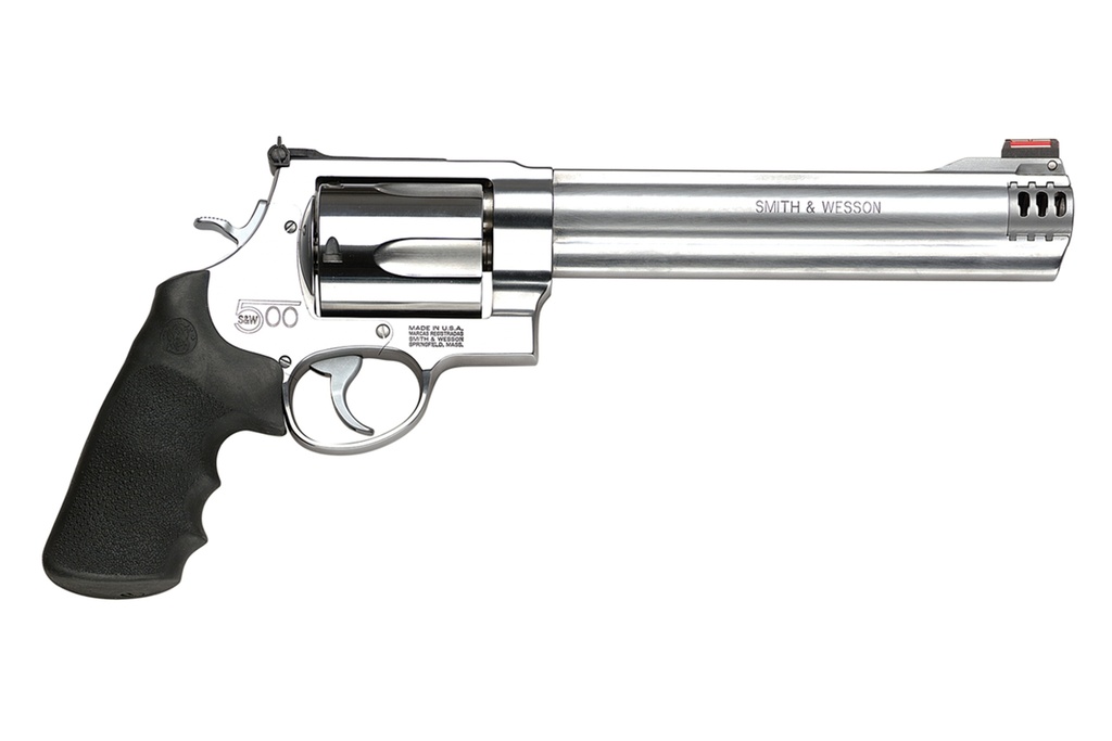 SMITH & WESSON 163501 MODEL 500  X-LARGE 500 S&W MAG 5 SHOT 8.38" SATIN COMPENSATED BARREL, SATIN CYLINDER, SATIN STAINLESS STEEL FRAME, BLACK FINGER GROOVED GRIP, EXPOSED HAMMER