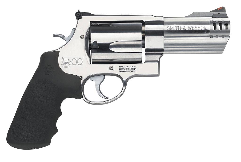 SMITH & WESSON 163504 MODEL 500  X-FRAME 500 S&W MAG STAINLESS      STEEL 4" COMPENSATED BARREL & 5RD CYLINDER, SATIN STAINLESS STEEL   X-FRAME, INCLUDES TWO MUZZLE BRAKES & INTERNAL LOCK
