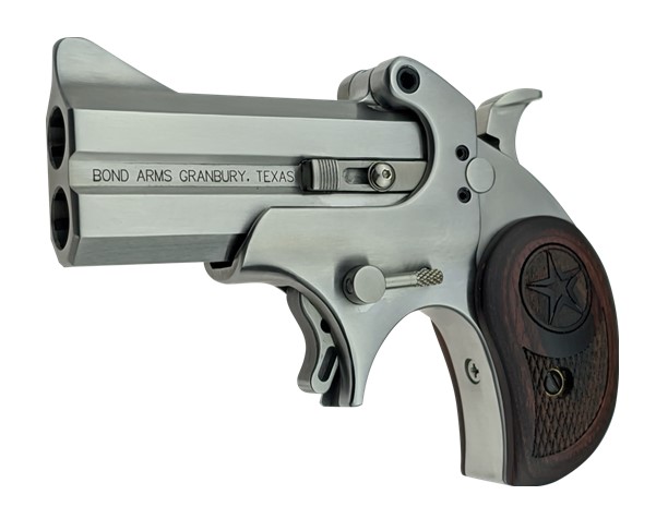 BOND ARMS BACD COWBOY DEFENDER 45 COLT (LC)/410 GAUGE 2RD 3" BARREL, STAINLESS METAL FINISH, BLADE FRONT/FIXED REAR SIGHTS, LAMINATED ROSEWOOD GRIP, NO TRIGGER GUARD, MANUAL SAFETY