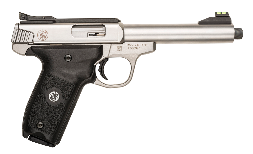 SMITH & WESSON 10201 SW22 VICTORY FULL SIZE FRAME 22 LR 10+1, 5.50" SATIN STAINLESS STEEL THREADED BARREL, SLIDE & FRAME, BLACK TEXTURED GRIP, THUMB SAFETY