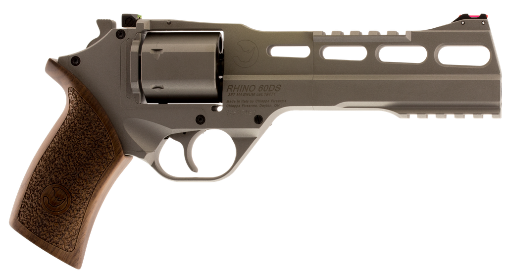 CHIAPPA FIREARMS CF340249 RHINO 60SAR *CA COMPLIANT 357 MAG 6 SHOT 6" NICKEL-PLATED STEEL BARREL & CYLINDER, NICKEL-PLATED ALUMINUM FRAME & BARREL SHROUD, PICATINNY RAILS, WALNUT GRIP