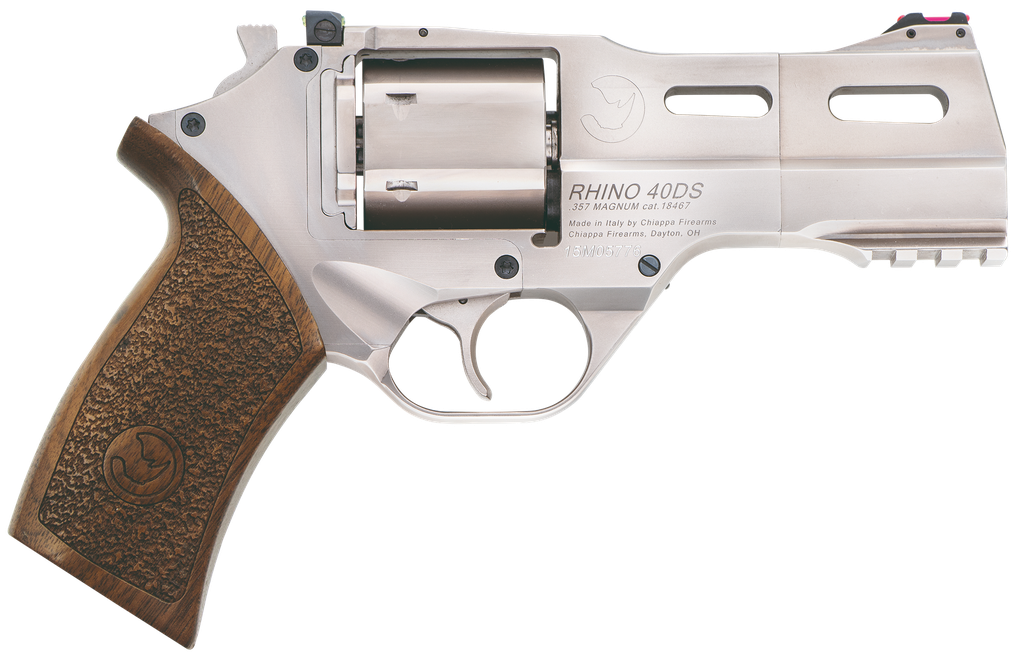 CHIAPPA FIREARMS CF340245 RHINO 40SAR *CA COMPLIANT MEDIUM FRAME 357 MAG 6 SHOT, 4" NICKEL-PLATED STEEL BARREL & CYLINDER, NICKEL-PLATED ALUMINUM FRAME W/PICATINNY RAIL, WALNUT GRIP, CONCEALED HAMMER