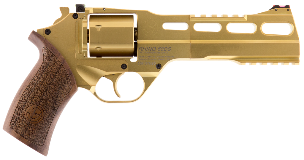 CHIAPPA FIREARMS 340225 RHINO 60DS MEDIUM FRAME 357 MAG 6 SHOT, 6" GOLD PLATED PVD STEEL VENT RIB BARREL & CYLINDER, GOLD PLATED PVD ALUMINUM FRAME,  WALNUT GRIP, CONCEALED HAMMER