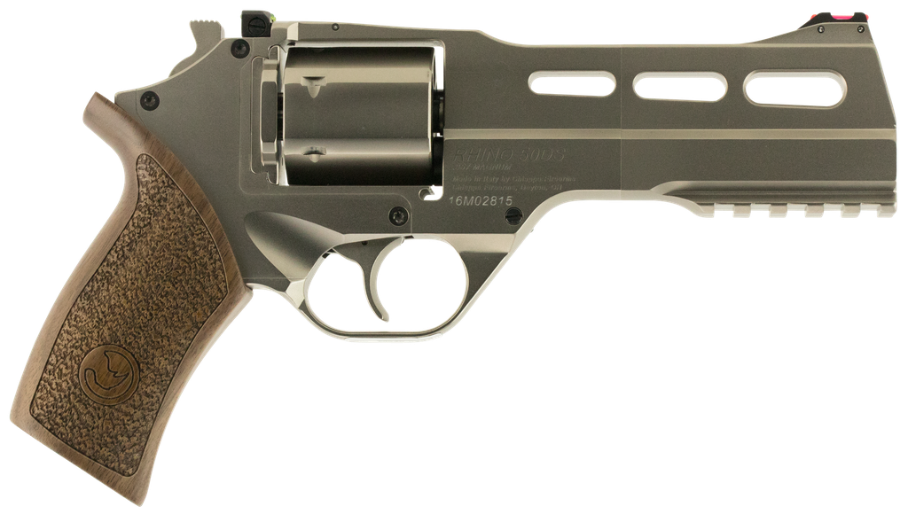 CHIAPPA FIREARMS 340223 RHINO 50DS MEDIUM FRAME 357 MAG 6 SHOT, 5" NICKEL-PLATED STEEL VENT RIB BARREL & CYLINDER, NICKEL-PLATED ALUMINUM FRAME, WALNUT GRIP, EXPOSED HAMMER