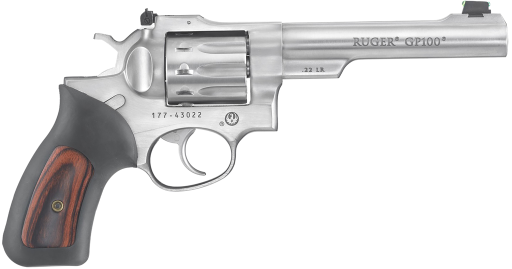RUGER 1757 GP100  MEDIUM FRAME 22 LR 10RD 5.50" SATIN STAINLESS BARREL, FRAME & CYLINDER, BLACK RUBBER W/WOOD INSERT GRIP, TRANSFER BAR SAFETY, EXPOSED HAMMER