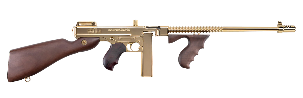 THOMPSON T150DTG 1927A-1 DELUXE 45 ACP CALIBER WITH 16.50" BARREL, 20+1 CAPACITY (STICK), 50+1 CAPACITY (DRUM), TITANIUM GOLD METAL FINISH, AMERICAN WALNUT STOCK WOOD GRIP RIGHT HAND