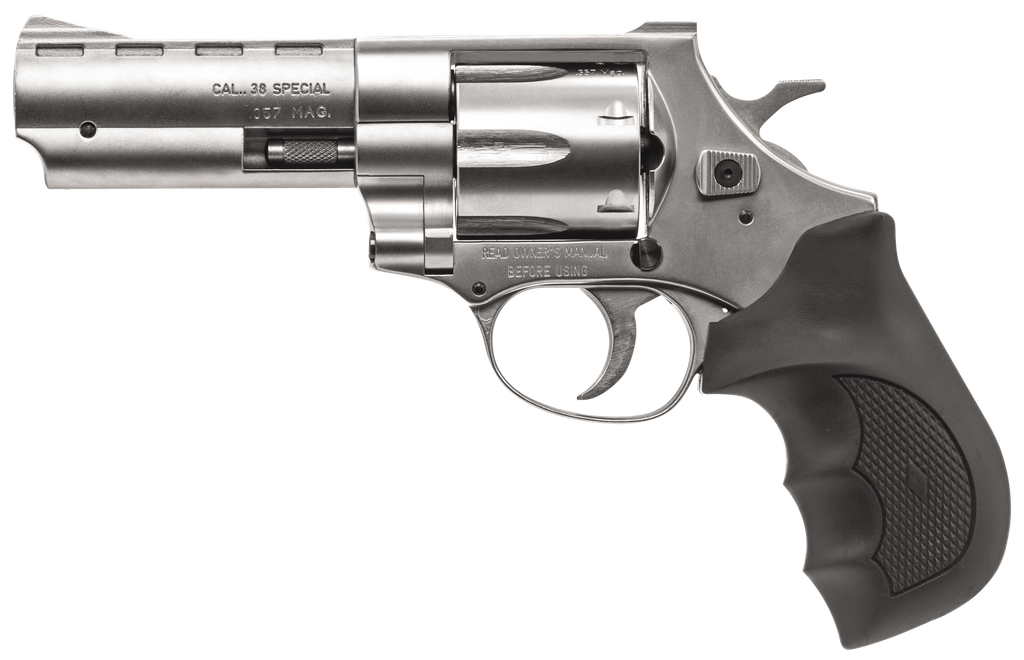 WEIHRAUCH GUNS 770128 WINDICATOR  MEDIUM FRAME 357 MAG 6 SHOT, 4" NICKEL STEEL BARREL, NICKEL CYLINDER, NICKEL STEEL FRAME, BLACK FINGER GROOVED RUBBER GRIP, SPURRED HAMMER