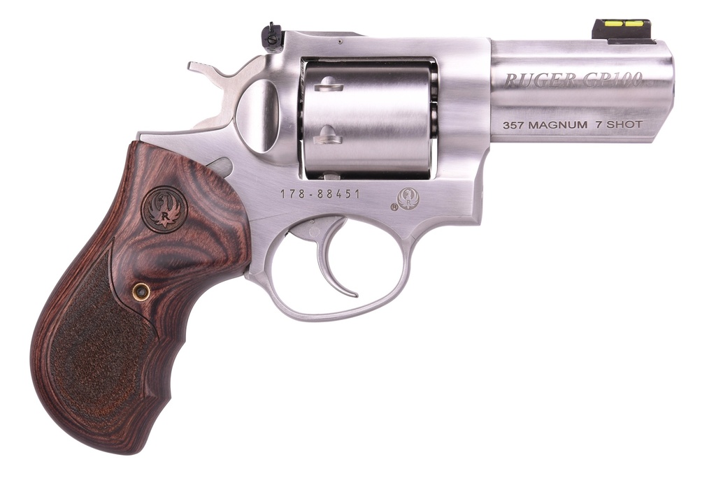 RUGER GP100 357MAG 3" FS STAINLESS WOOD UNFLUTED CYL.