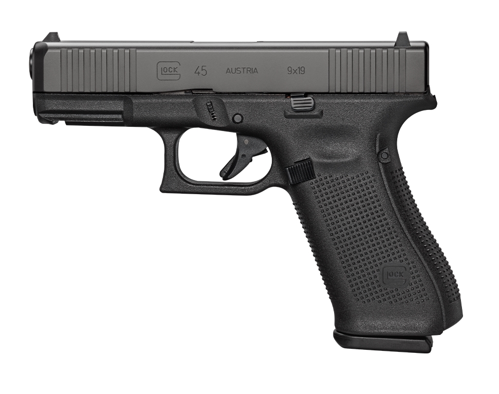 GLOCK PA455S203MOS G45 GEN5 COMPACT MOS 9MM LUGER 4.02" 17+1 BLACK BLACK NDLC STEEL WITH FRONT SERRATIONS & MOS CUTS SLIDE BLACK ROUGH TEXTURE INTERCHANGEABLE BACKSTRAPS GRIP