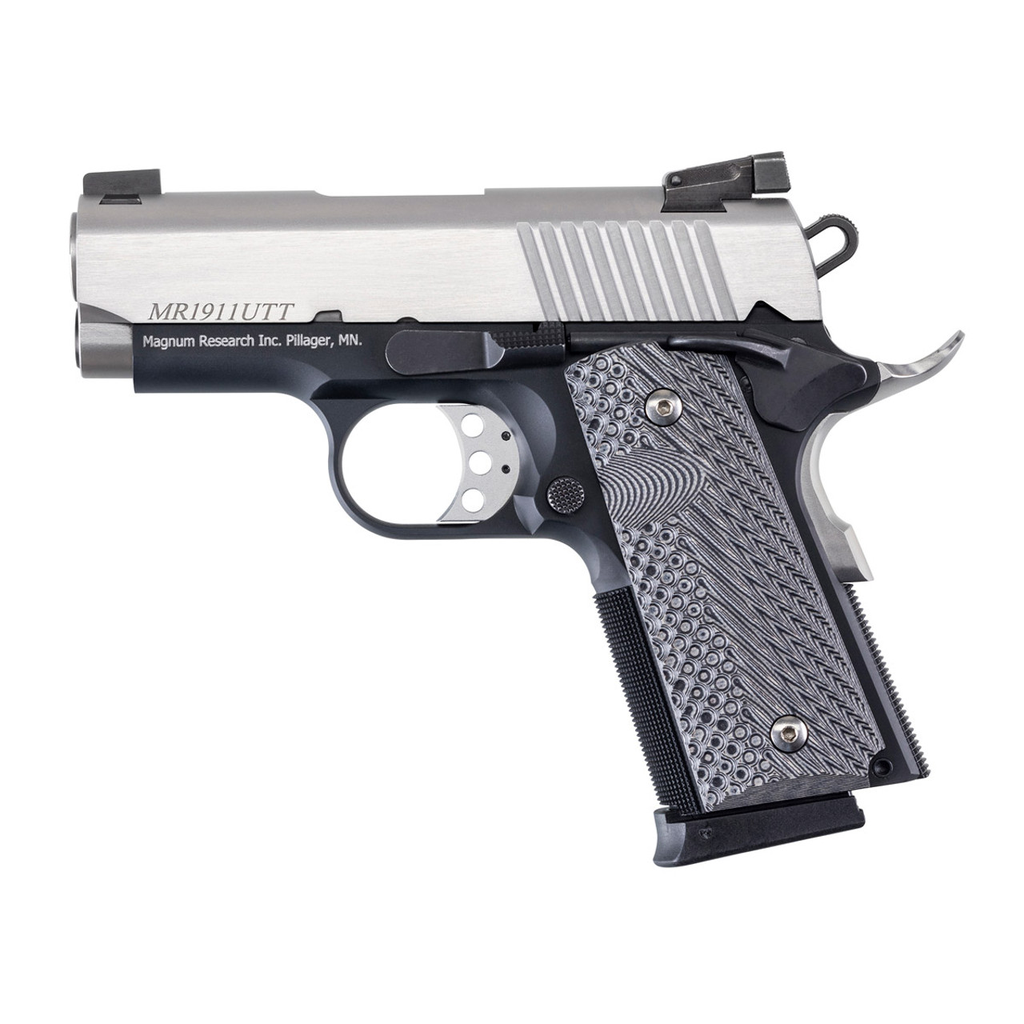 MAGNUM RESEARCH DE1911UTT DESERT EAGLE 1911 U 45 ACP 6+1 3" STAINLESS SERRATED SLIDE, TWO-TONE W/BLACK FINISH ALUMINUM FRAME W/BEAVERTAIL, BLACK/GRAY G10 GRIPS