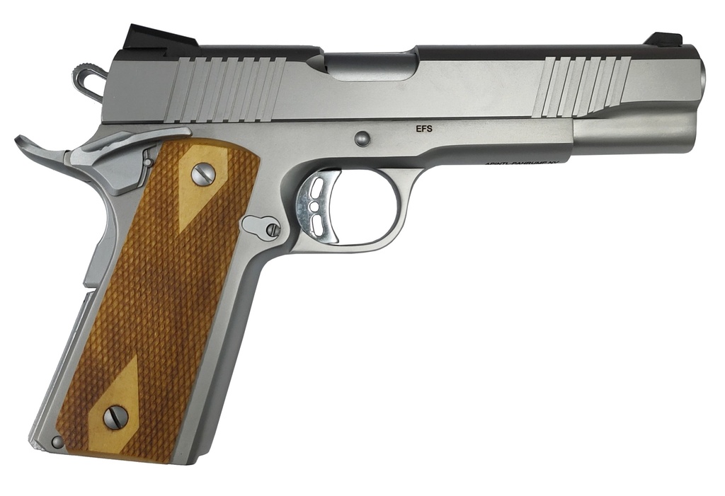 ROCK ISLAND 56828 ROCK  FULL SIZE 9MM LUGER 10+1, 5" STAINLESS STEEL BARREL & SERRATED SLIDE, MATTE STAINLESS STEEL FRAME W/BEAVERTAIL, WOOD DOUBLE CHECKERED GRIP