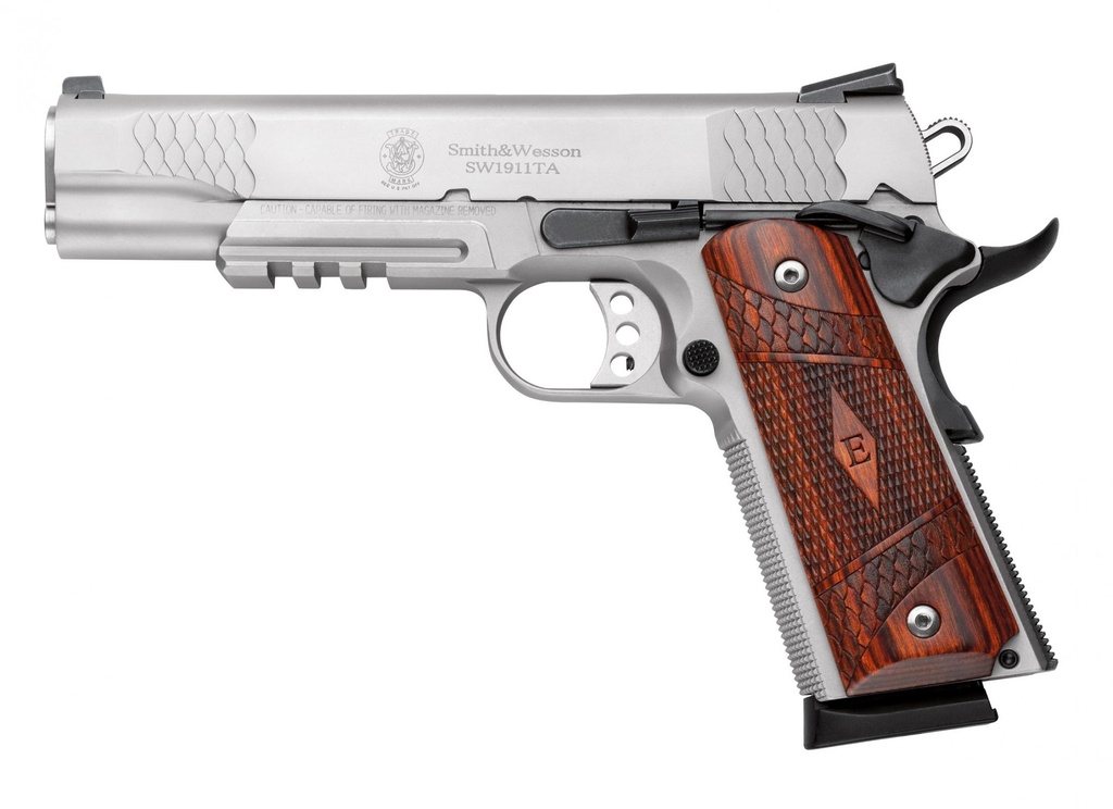 SMITH & WESSON 108411 1911 E-SERIES 45 ACP  5" BARREL 8+1, SATIN STAINLESS STEEL FRAME & SLIDE, LAMINATE WOOD E SERIES GRIP, TACTICAL ACCESSORY RAIL, MANUAL GRIP & THUMB SAFETY
