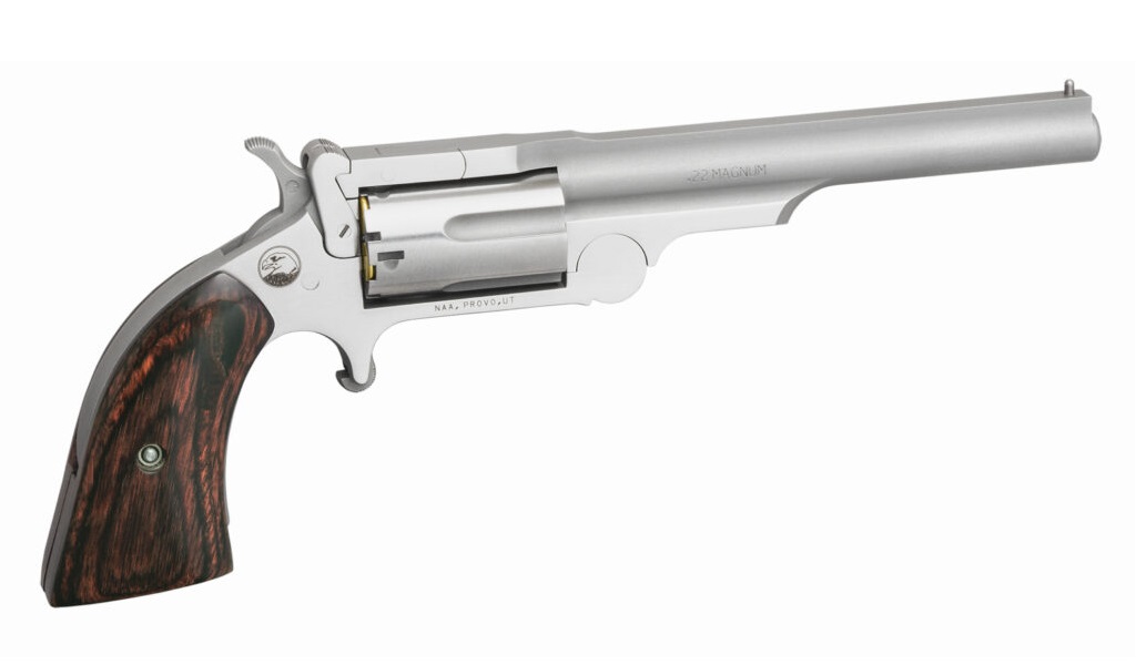 NORTH AMERICAN ARMS 22MR4 RANGER II  22 WMR 5 SHOT 4" STAINLESS STEEL BARREL, STAINLESS STEEL FRAME, STAINLESS CYLINDER, ROSEWOOD BOOT GRIP, EXPOSED HAMMER