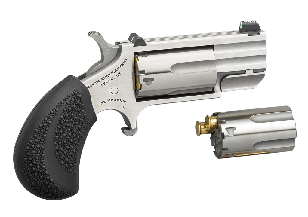 NORTH AMERICAN ARMS PUGTC PUG CONVERSION 22 LR/22 WMR 5 SHOT 1" STAINLESS STEEL BARREL, STAINLESS STEEL FRAME, STAINLESS CYLINDER, BLACK RUBBER GRIP, EXPOSED HAMMER, XS TRITIUM SIGHT