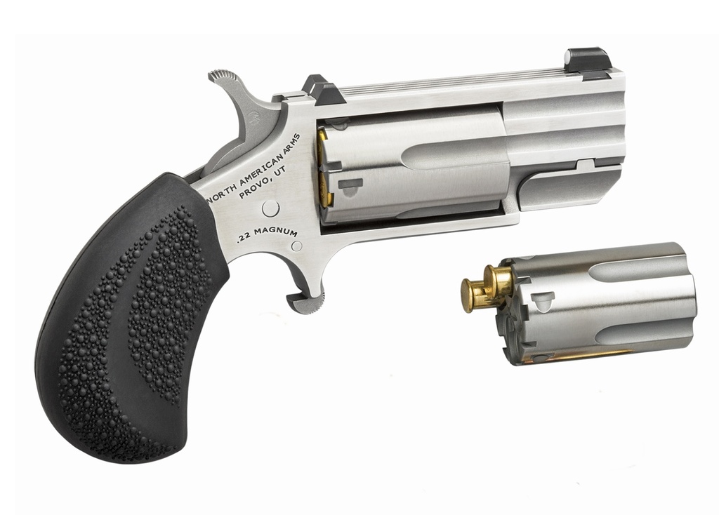 NORTH AMERICAN ARMS PUGDC PUG CONVERSION 22 LR/22 WMR 5 SHOT 1" STAINLESS STEEL BARREL, STAINLESS STEEL FRAME, STAINLESS CYLINDER, BLACK RUBBER GRIP, EXPOSED HAMMER, XS WHITE DOT SIGHT