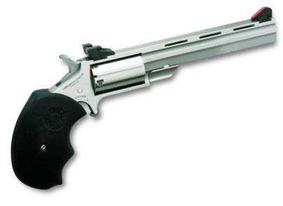 NORTH AMERICAN ARMS MMC MINI-MASTER *CA COMPLIANT 22 LR 22 WMR 5 SHOT 4" STAINLESS VENT RIB BARREL, STAINLESS STEEL FRAME & CYLINDER, BLACK FINGER GROOVED RUBBER GRIP, EXPOSED HAMMER