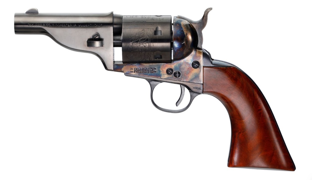 TAYLORS & COMPANY 550957 THE HICKOK OPEN-TOP 45 COLT (LC) CALIBER WITH 3.50" BLUED FINISH BARREL, 6RD CAPACITY BLUED FINISH CYLINDER, COLOR CASE HARDENED FINISH STEEL FRAME & WALNUT ARMY SIZE GRIP