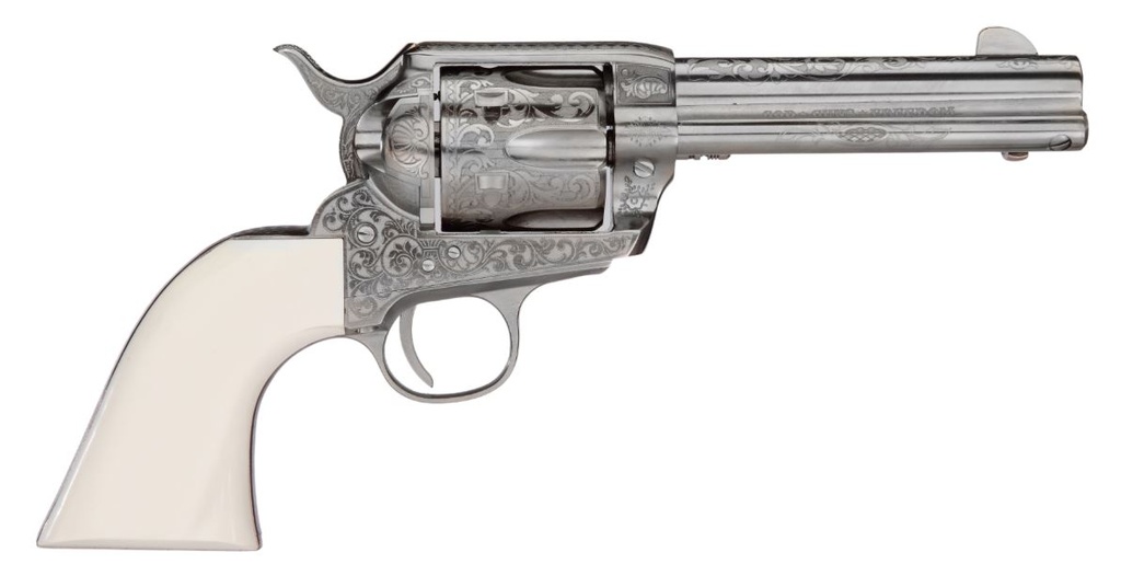 TAYLORS & COMPANY 200058 1873 CATTLEMAN OUTLAW LEGACY 357 MAG CALIBER WITH 4.75" BARREL, 6RD CAPACITY CYLINDER, OVERALL NICKEL ENGRAVED FINISH STEEL & IVORY SYNTHETIC GRIP