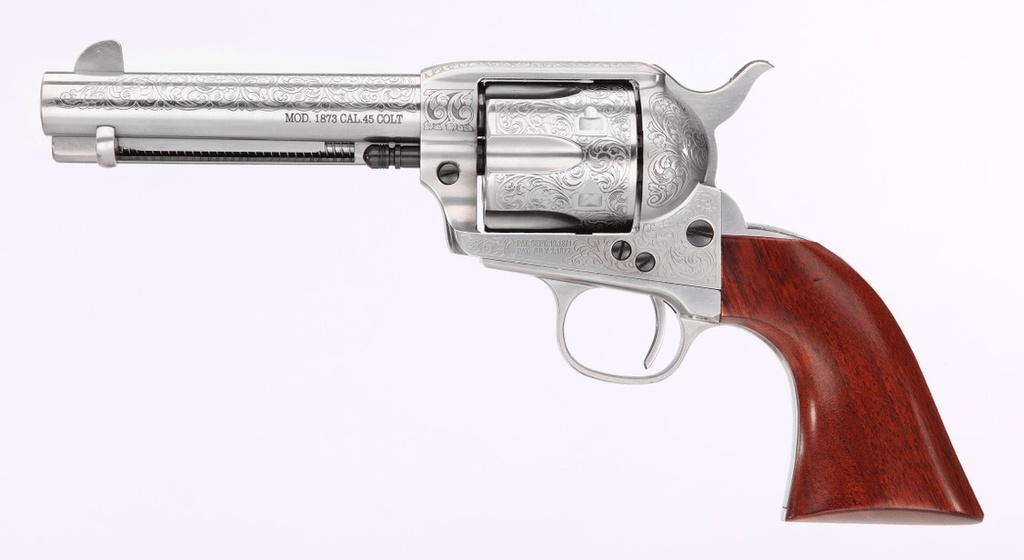 TAYLORS & COMPANY 550928 1873 CATTLEMAN 357 MAG CALIBER WITH 4.75" BARREL, 6RD CAPACITY CYLINDER, OVERALL WHITE FLORAL ENGRAVED FINISH STEEL & WALNUT GRIP