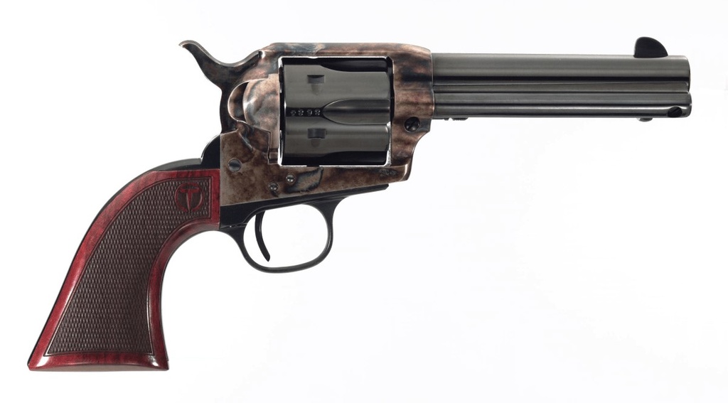 TAYLORS & COMPANY 4107DE SMOKE WAGON DELUXE 357 MAG 6RD 4.75" BLUED CYLINDER & BARREL COLOR CASE HARDENED STEEL FRAME CHECKERED WALNUT GRIP (TAYLOR TUNED)
