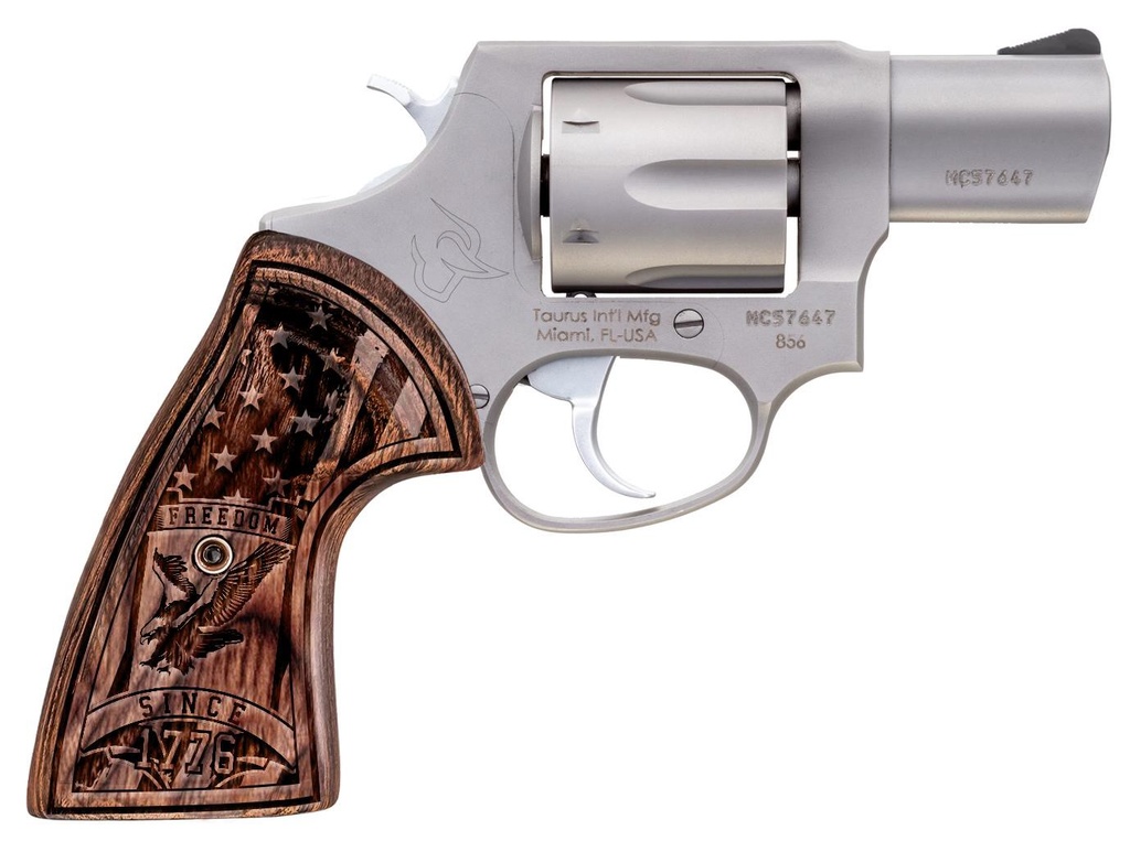 TAURUS 2-605029US1 605  SMALL FRAME 357 MAG/38 SPECIAL +P 5 SHOT 2" MATTE STAINLESS STEEL BARREL, CYLINDER & FRAME, ENGRAVED USA FLAG WALNUT GRIP, TRANSFER BAR SAFETY