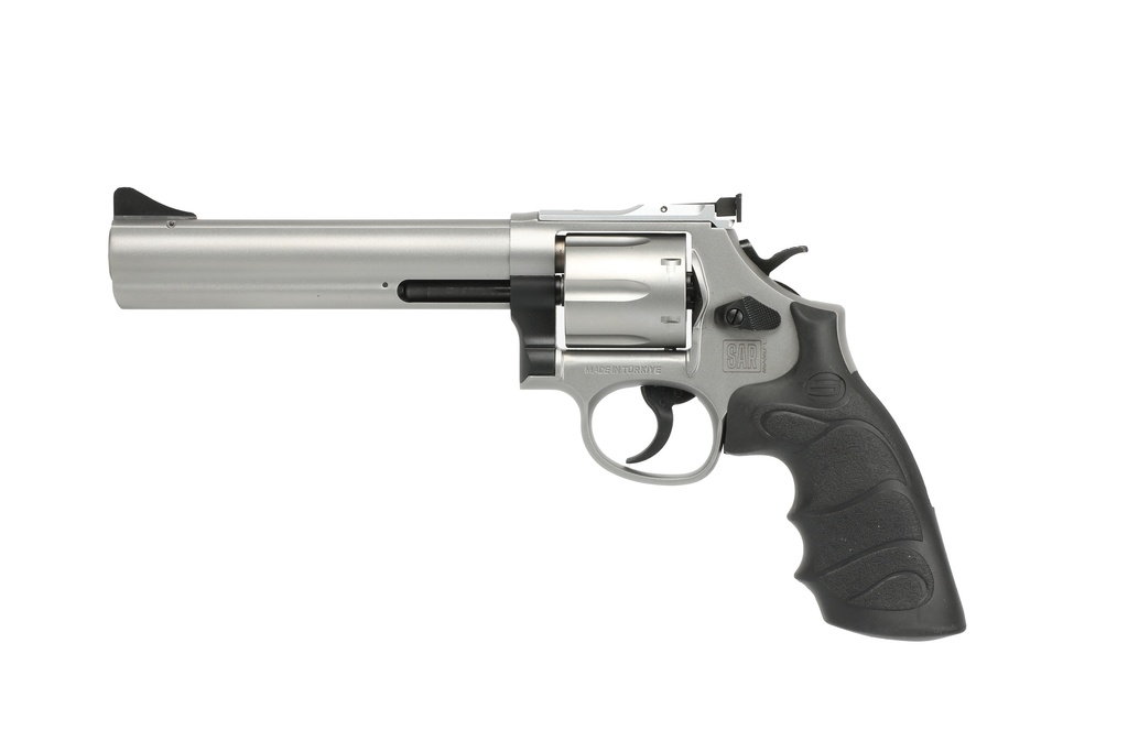 SAR USA SARSR38ST6 SAR SR  38 SPECIAL/357 MAG 6 SHOT, 6" STAINLESS STEEL BARREL, CYLINDER & FRAME W/BLACK FINGER GROOVE GRIP, DROP SAFETY/HAMMER BLOCK SAFETY, EXPOSED HAMMER
