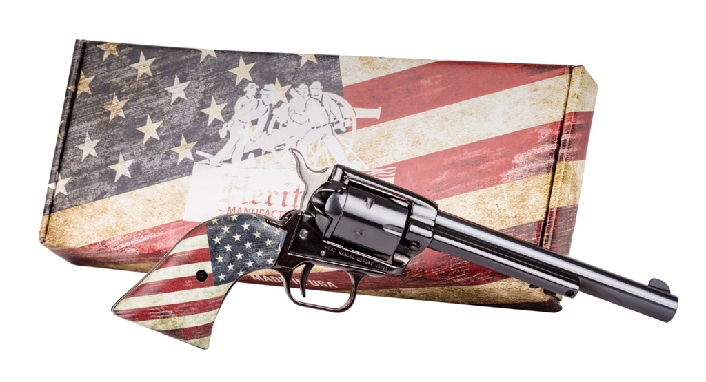 HERITAGE MFG RR22B6USFLAG ROUGH RIDER  22 LR 6 SHOT 6.50" BLACK OXIDE BARREL & CYLINDER, BLACK STEEL ZINC ALLOY FRAME, US FLAG GRIP EXPOSED HAMMER